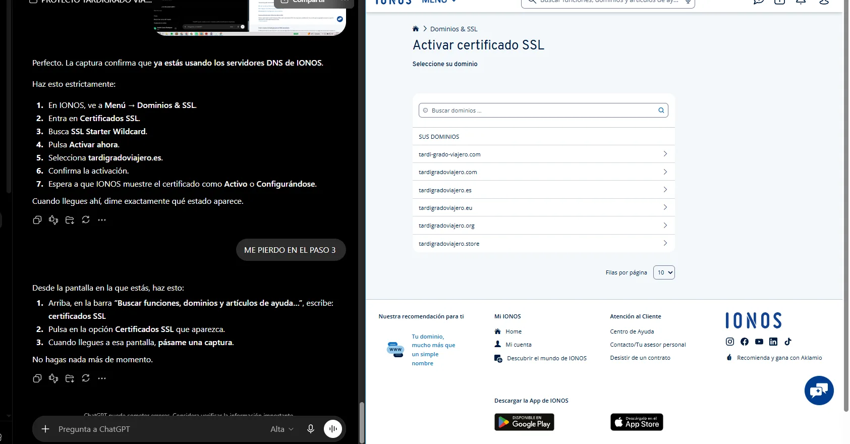 Panel de IONOS con dominios tardigradoviajero registrados en varias extensiones y una conversación guiando el proceso