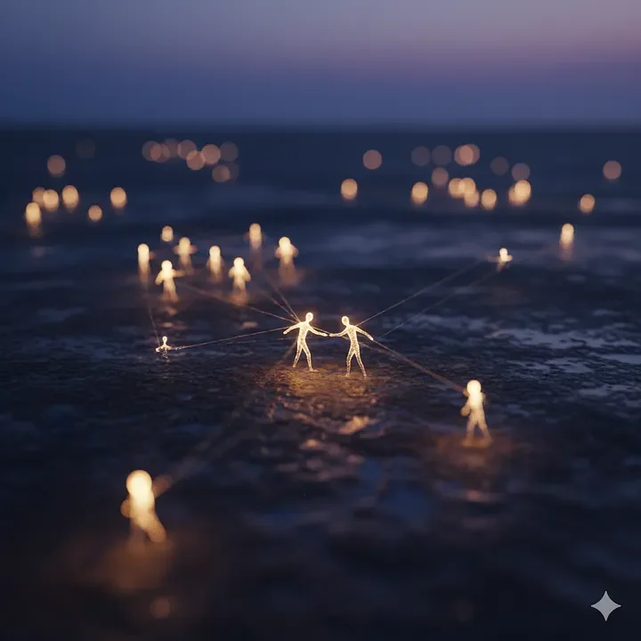 Pequeñas figuras luminosas unidas por hilos en un paisaje oscuro