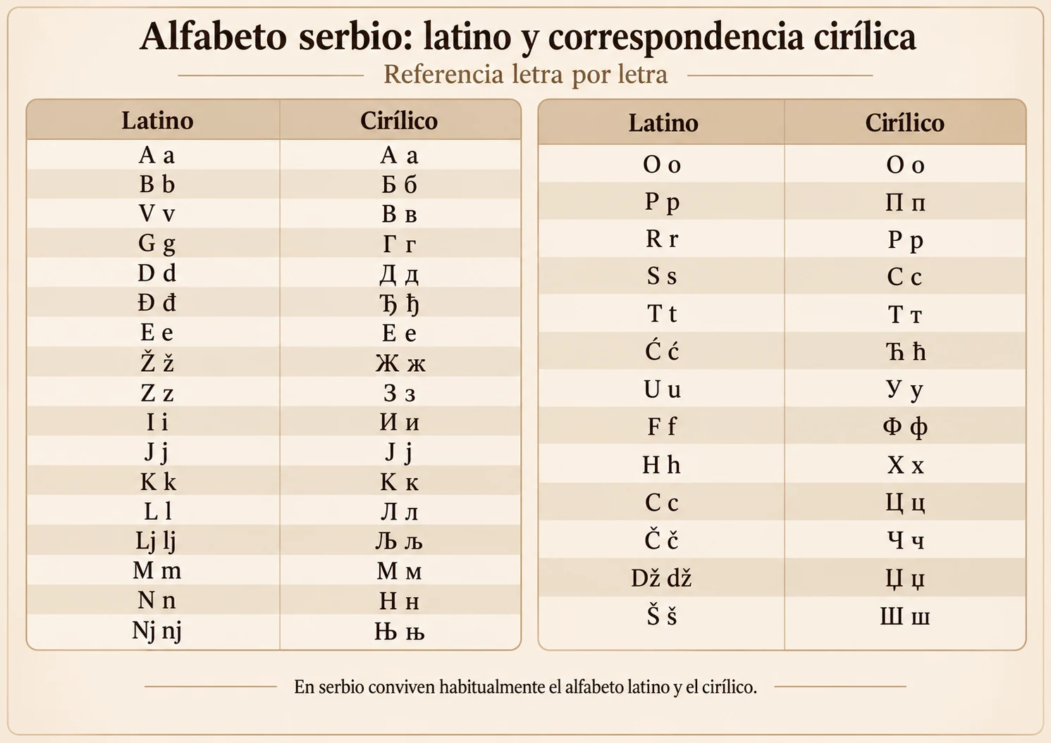 Tabla del alfabeto serbio con correspondencia completa entre escritura latina y cirílica