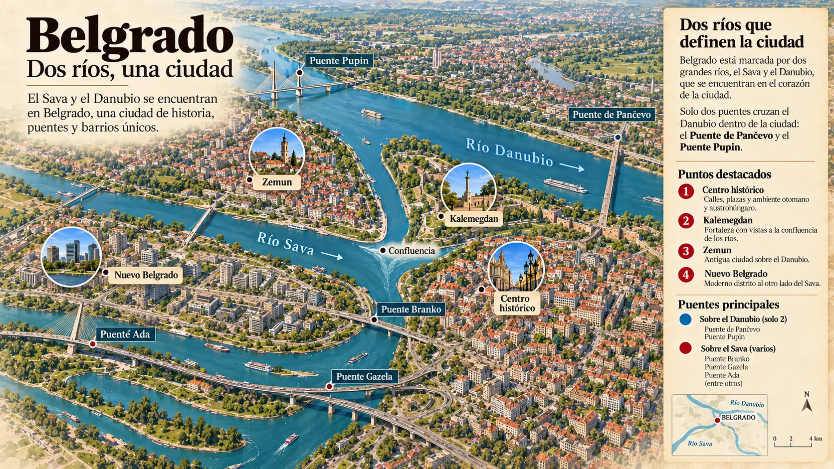 Infografía ilustrada de Belgrado con el Sava, el Danubio, su confluencia, Zemun, Nuevo Belgrado y los principales puentes