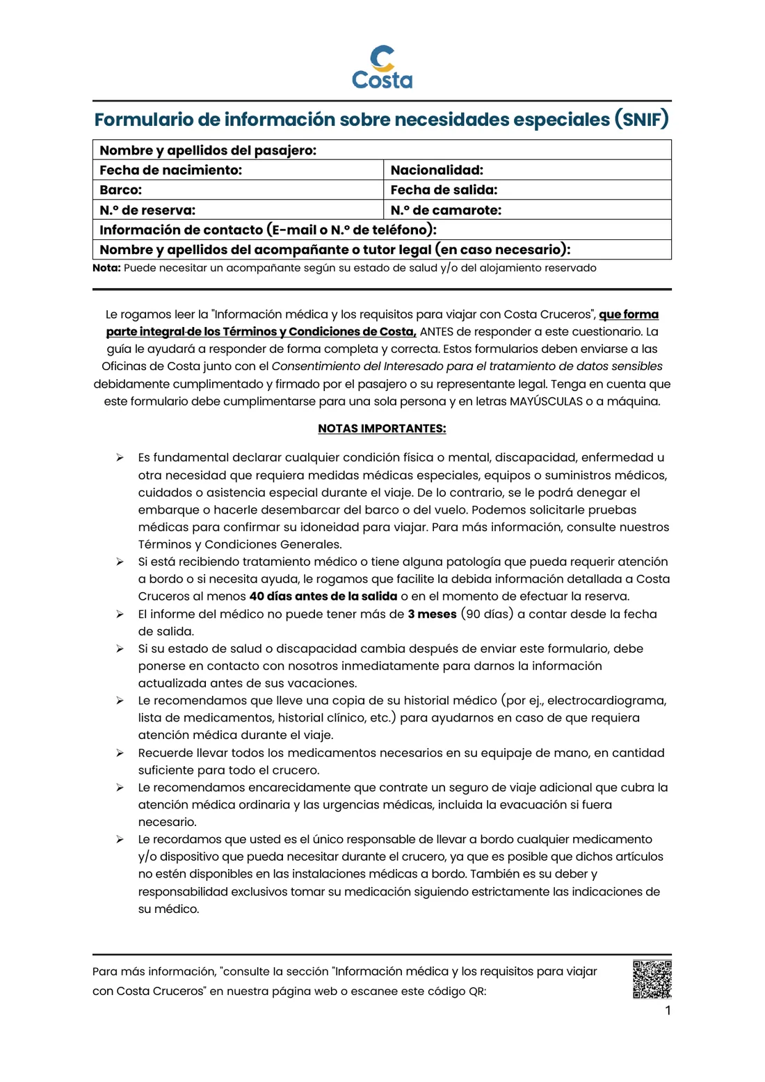 Primera página del formulario oficial SNIF de Costa Cruceros